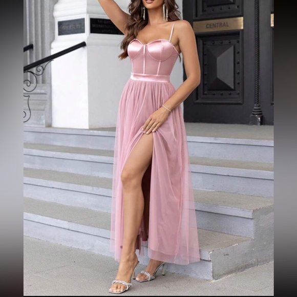 Luxe mesh satin party formal dress - Picture 4 of 7